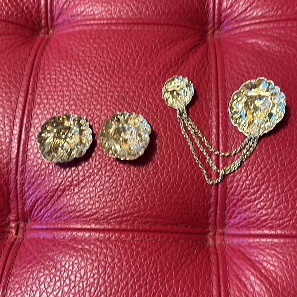 Vintage huge runway goldtone lion head pierced earrings and matching pin - Picture 4 of 8